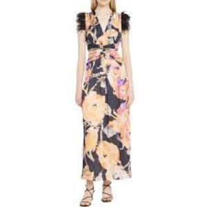 Ranna Gill Anthropologie Watercolor Floral Feather Maxi Dress with Cut Outs